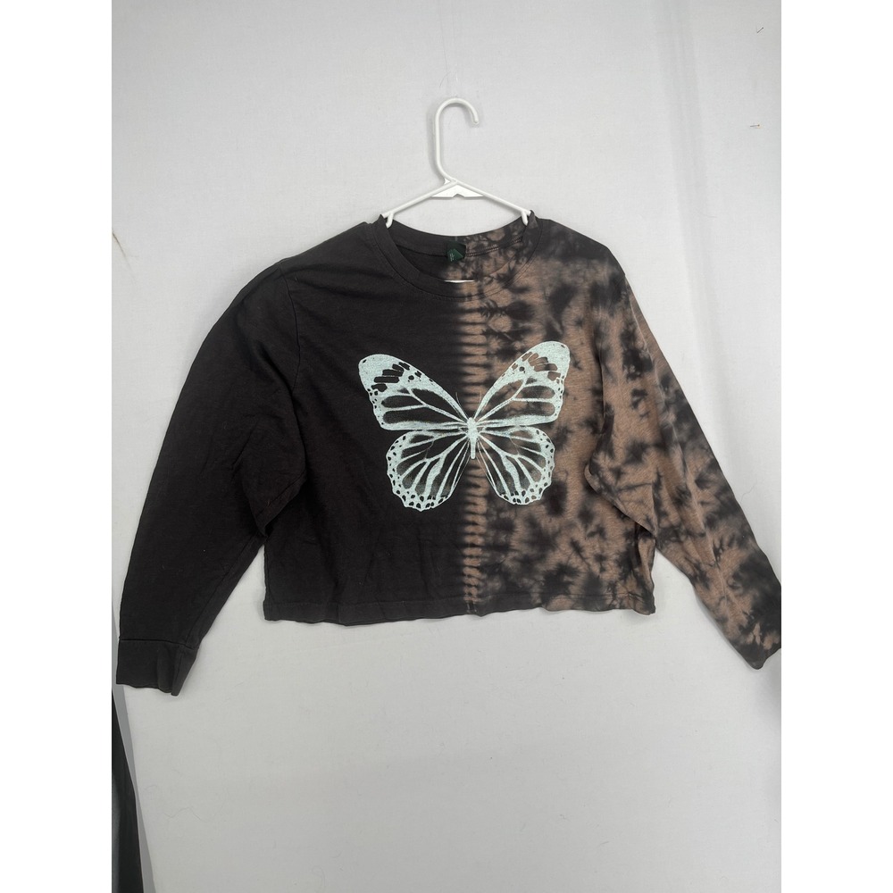 Wild Fable Butterfly Tie Dye Split Crop Top Long Sleeve T-Shirt Black Brown L